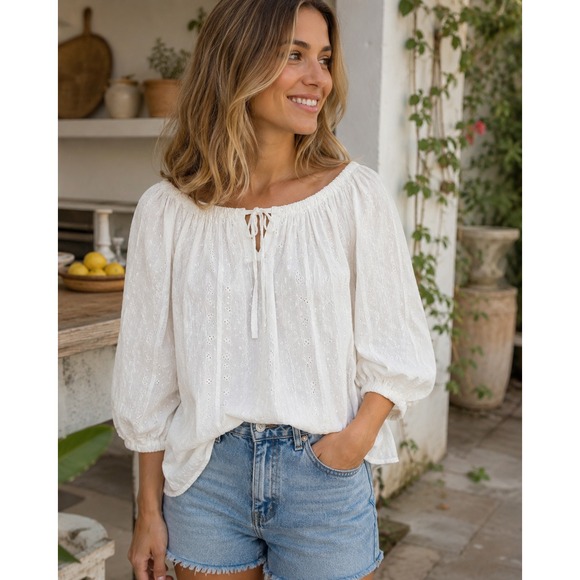 Joie Tops - New Joie White Eyelet Cotton Blouse Size Large Top Boho Peasant Cottagecore